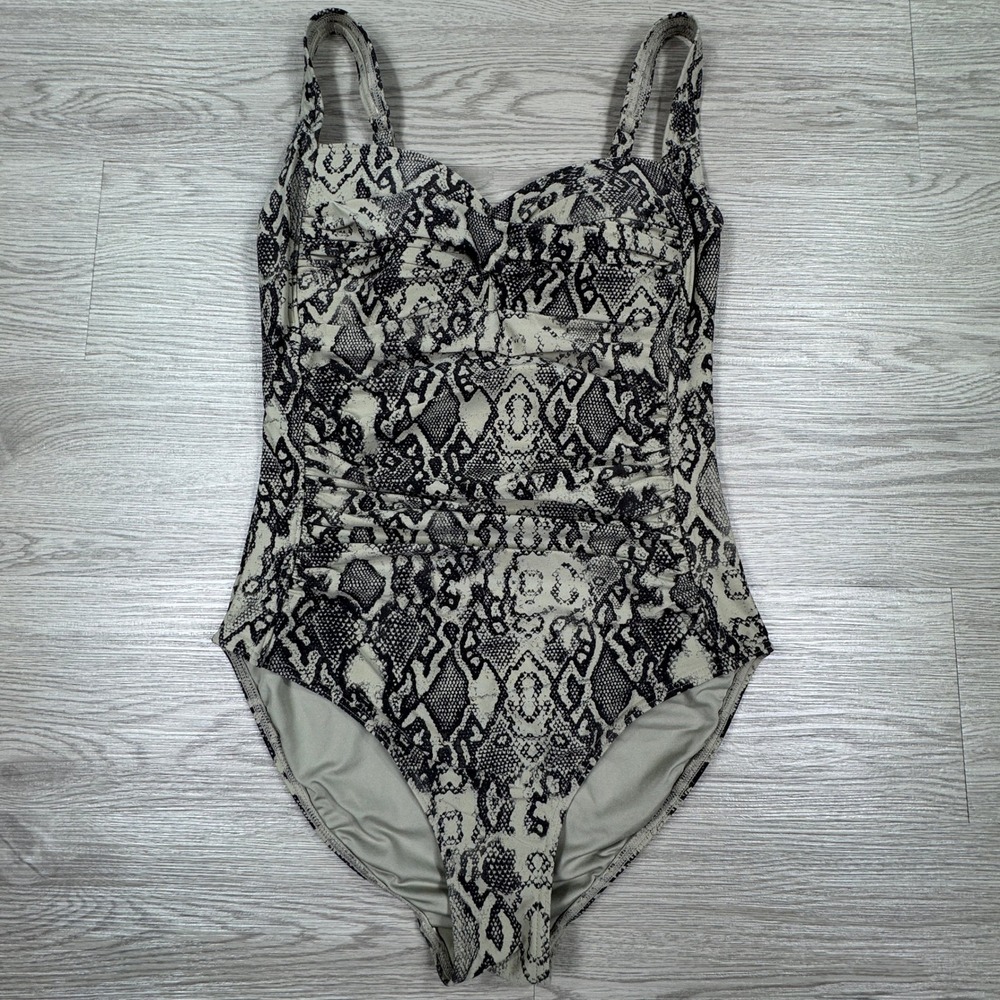 Niptuck Swim Womens One Piece Swimsuit Snakeskin Animal Print Grey Size 6 Ruched